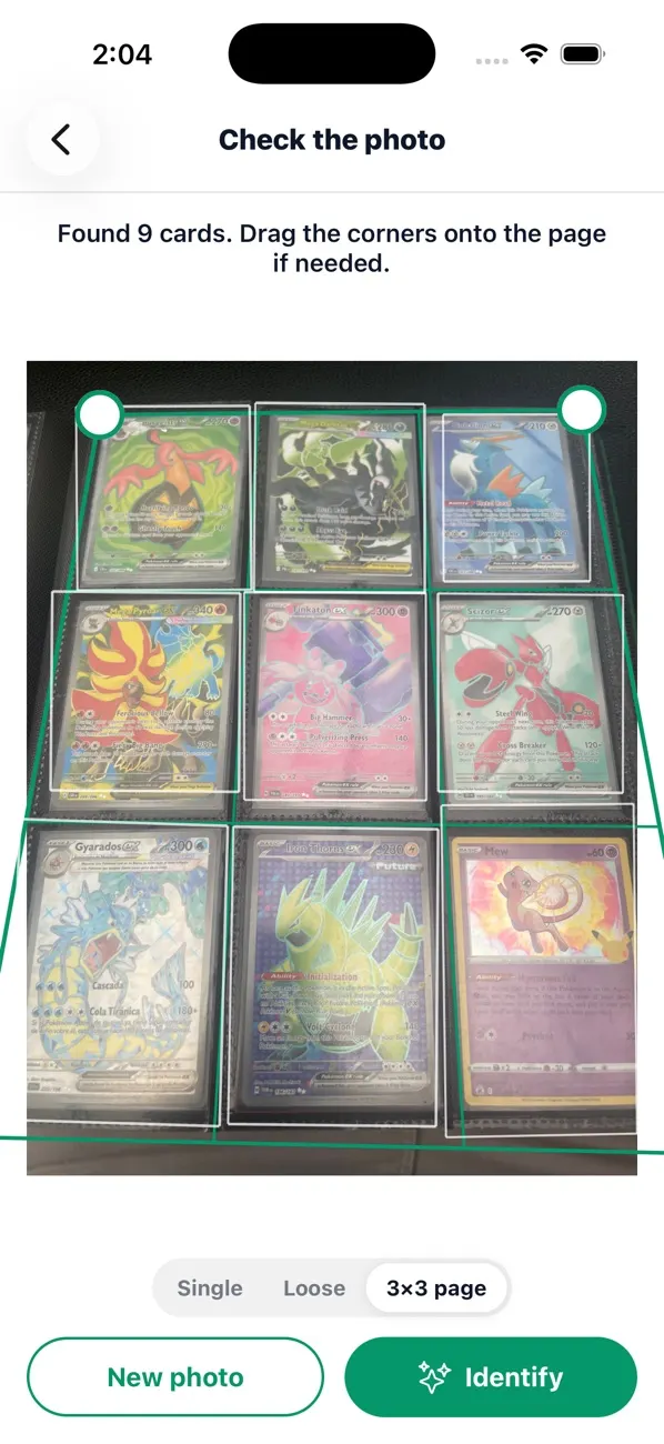 The check screen: the detector found the 9 cards of a binder page