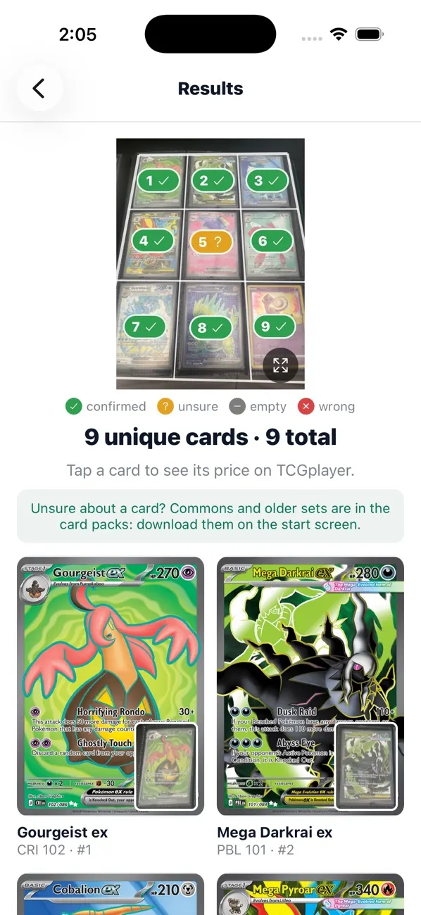 The results screen: 8 cards confirmed and 1 unsure, with a tile per card