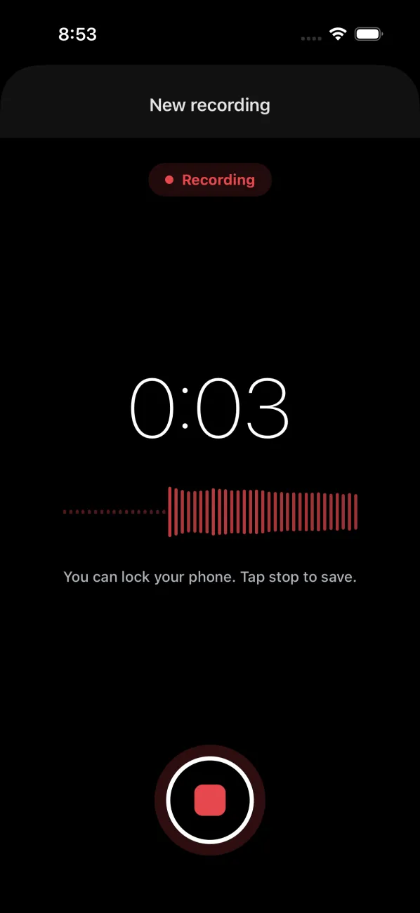 The record screen: a running timer and live sound bars, with a note that the phone can be locked