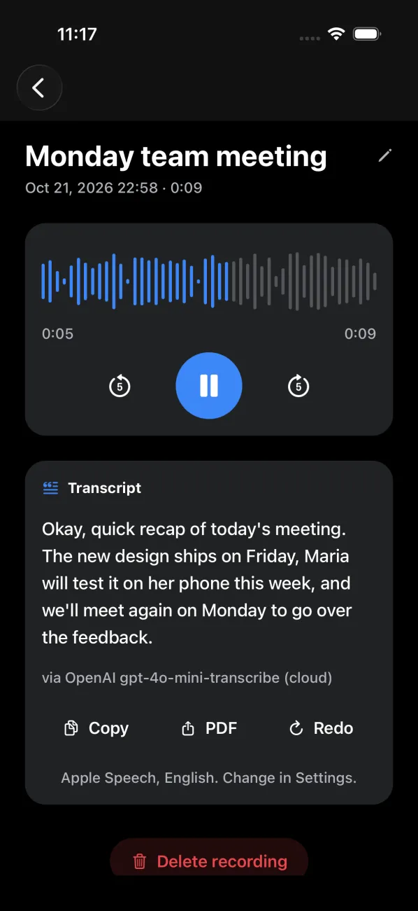A recording with its sound wave as the seek bar and the transcript below it